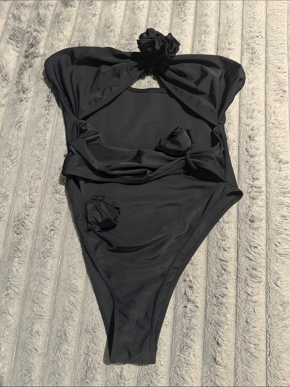 Black One-Piece Swimsuit with Rosette Detail
